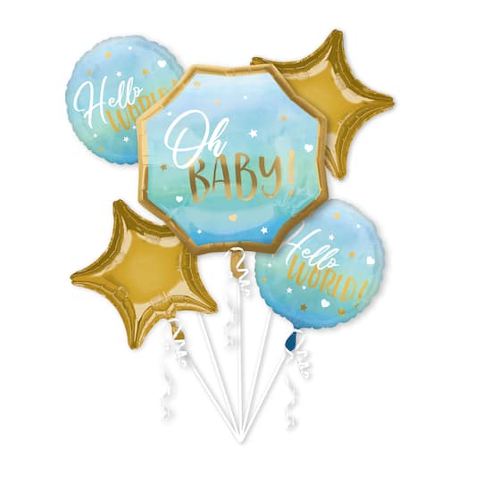 Anagram Oh Baby! 5 Foil Balloons Bouquet Baby Boy Blue & Gold Gender Reveal Party Decor
