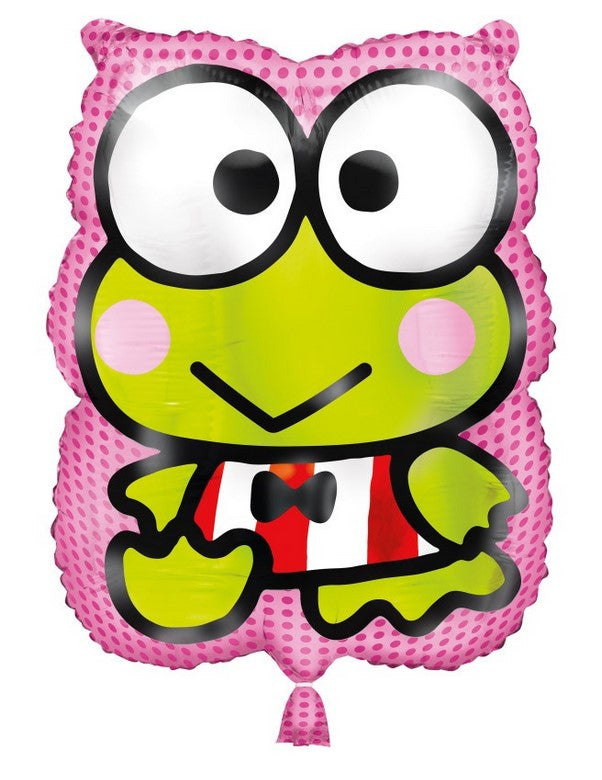 Hello Kitty Pink owl-shaped balloon with a green frog design on a white background