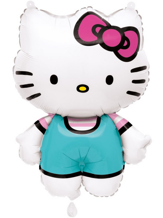 Hello Kitty Balloon shaped like a cartoon character with a pink bow and blue outfit on a white background
