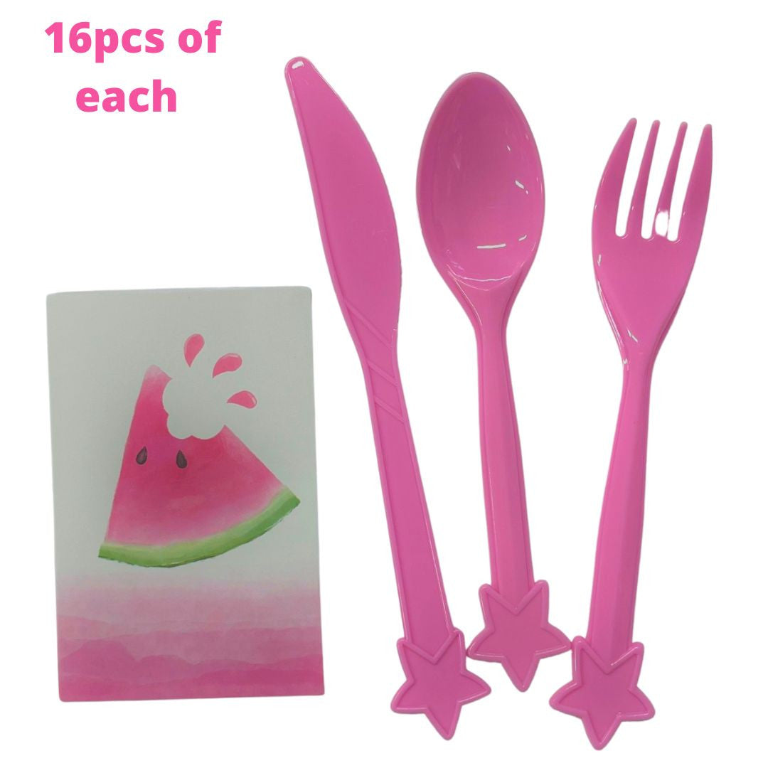 One In A Melon 1st Birthday Happy Birthday Watermelon Cutlery Set With Pouches 16pcs Of Each