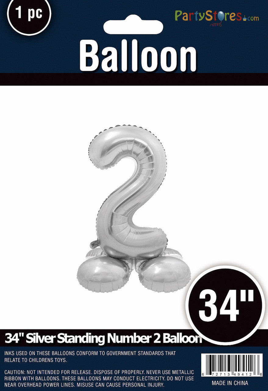 34" Silver Standing Number 2 Balloon Air-Fill ONLY