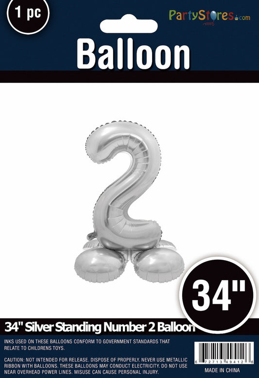 34" Silver Standing Number 2 Balloon Air-Fill ONLY