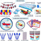 A comprehensive airplane-themed birthday party supplies set displayed on a white background with text labels. The set includes decorations like a 'HAPPY BIRTHDAY' banner and balloons, tableware such as a printed tablecloth, plates, napkins, paper cups, forks, knives, and spoons, along with pilot license cards and a cake topper.