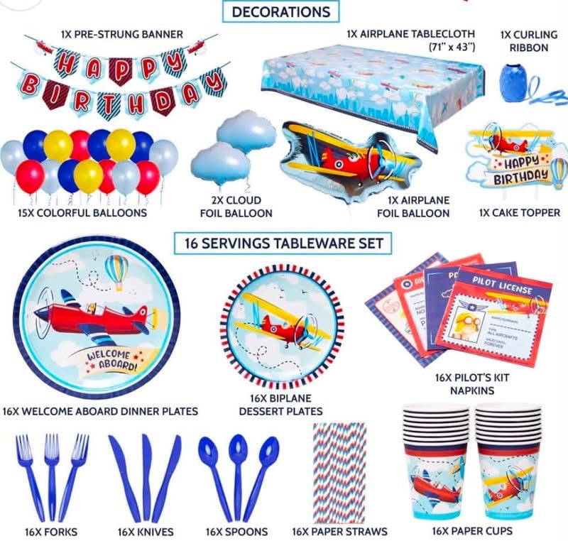 A comprehensive airplane-themed birthday party supplies set displayed on a white background with text labels. The set includes decorations like a 'HAPPY BIRTHDAY' banner and balloons, tableware such as a printed tablecloth, plates, napkins, paper cups, forks, knives, and spoons, along with pilot license cards and a cake topper.