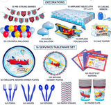 A comprehensive airplane-themed birthday party supplies set displayed on a white background with text labels. The set includes decorations like a 'HAPPY BIRTHDAY' banner and balloons, tableware such as a printed tablecloth, plates, napkins, paper cups, forks, knives, and spoons, along with pilot license cards and a cake topper.