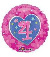 18" Number 4 Balloon Heart & Flowers Pink Balloon