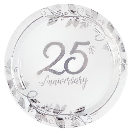 Happy 25th Anniversary 7" Round Metallic Plates 8/CT