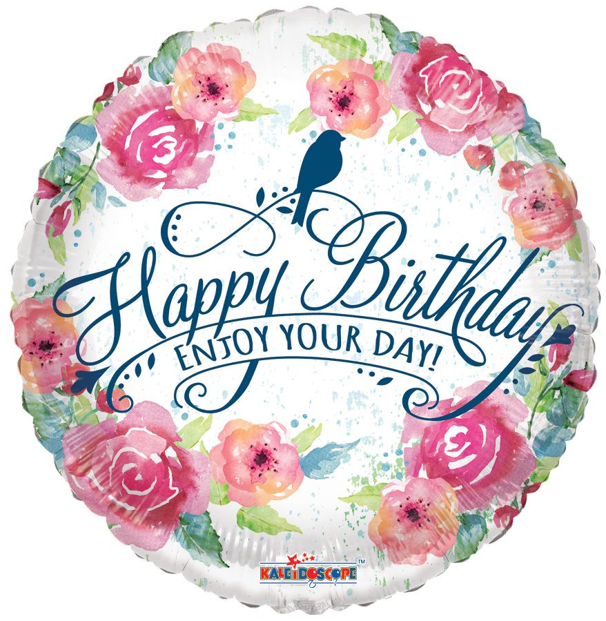 Happy Birthday Enjoy Your Day! Watercolored Flowers 18" Balloon