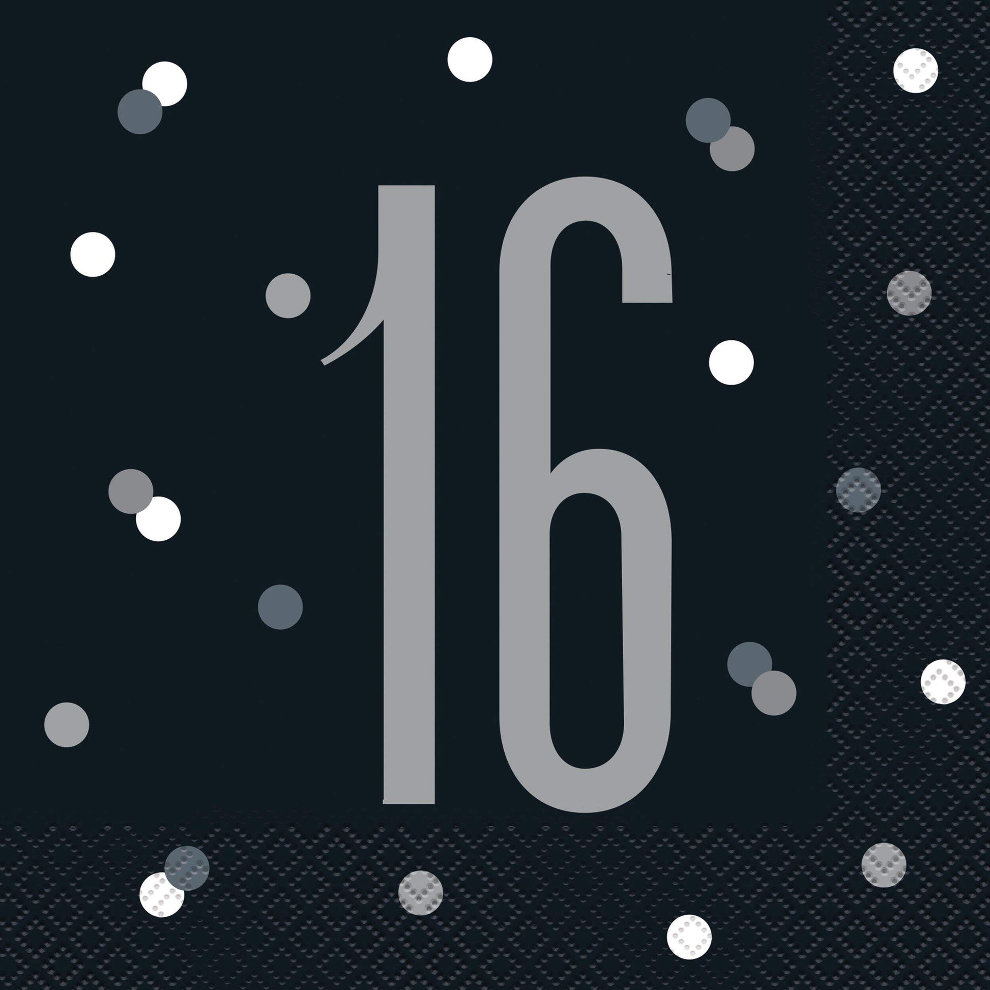 Black napkin with silver number '16' and confetti dots on a black background