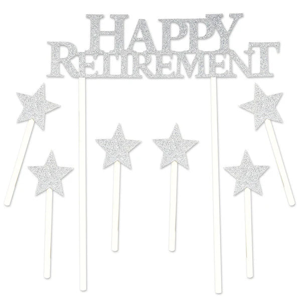 Happy Retirement Silver Glitter Cake Topper 7 PCS