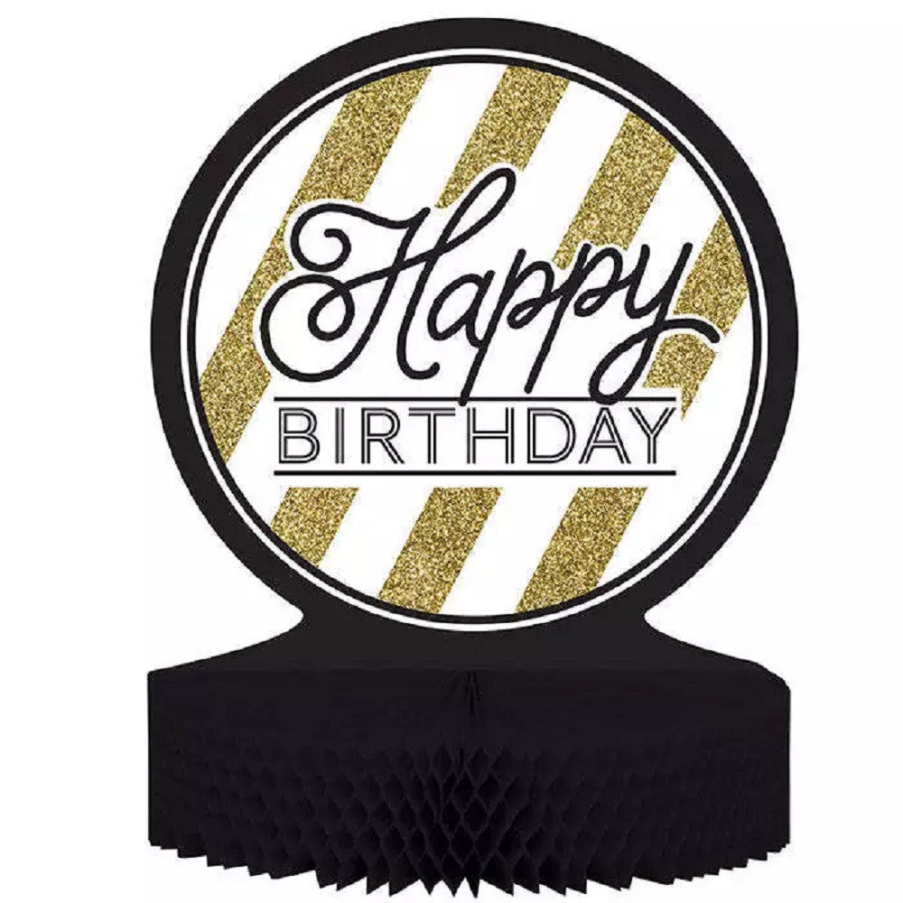 Black and Gold Happy Birthday Honeycomb Centerpiece 12" x 9" Party Decorations