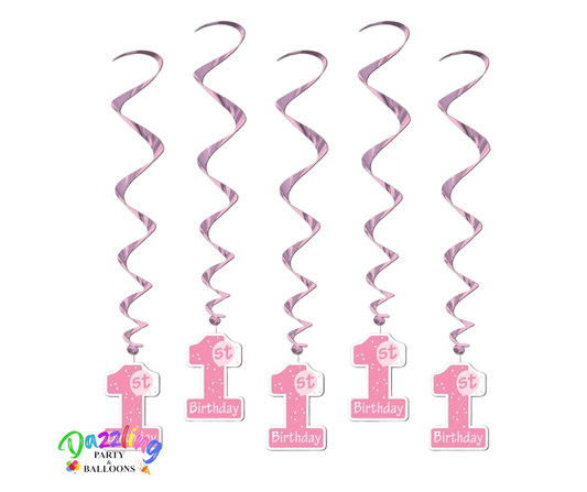 1st Birthday Whirls In Pink Hanging Spiral Swirls Party Decorations