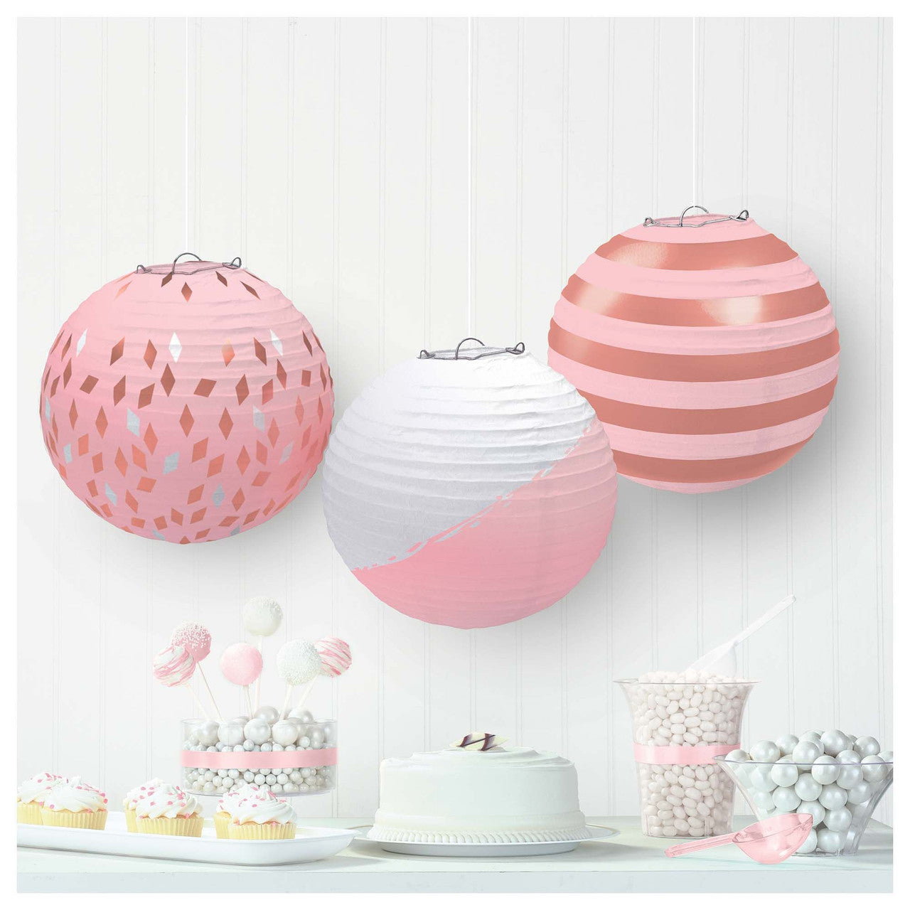 Blush Pink Rose Gold Round Decorative Paper Lanterns 3 Pack