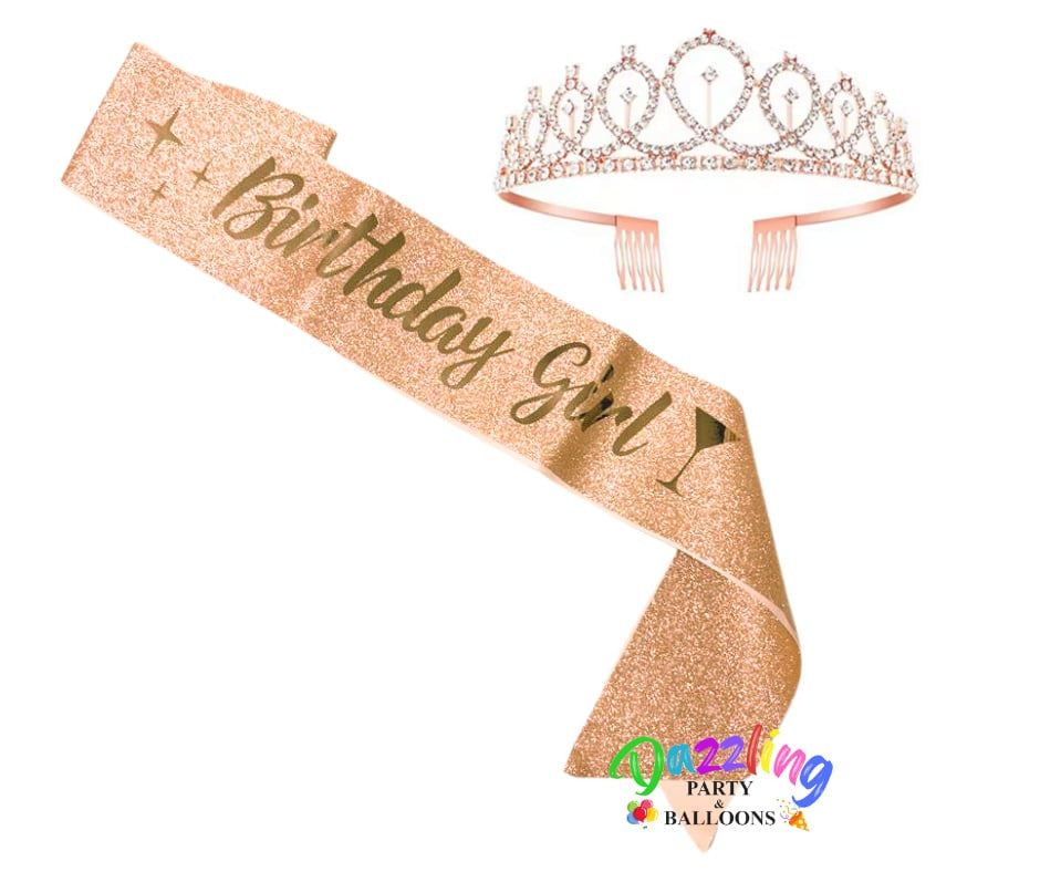 Birthday Girl Rose Gold Glitter Tiara & Sash Set