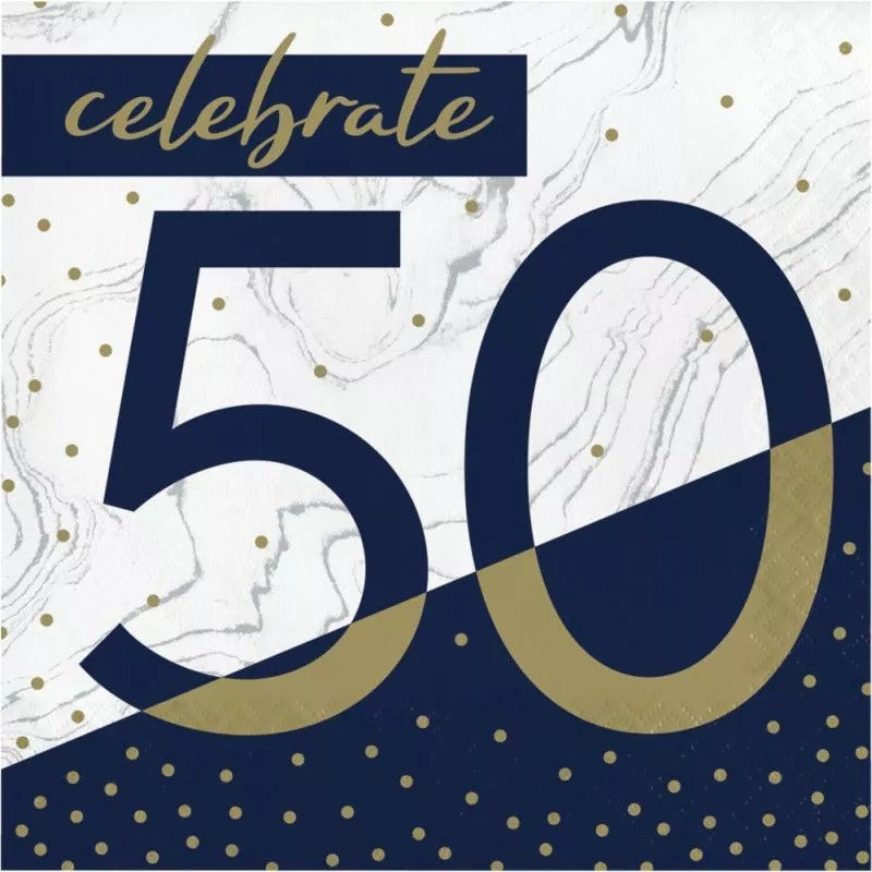 Navy & Gold Milestone 50th Birthday Lunch Napkins Paper 6.5" x 6.5" 16/CT