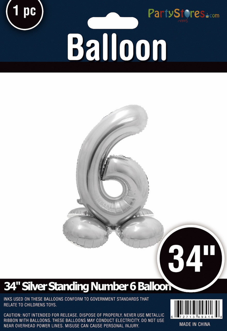 34" Silver Standing Number 6 Balloon Air-Fill ONLY
