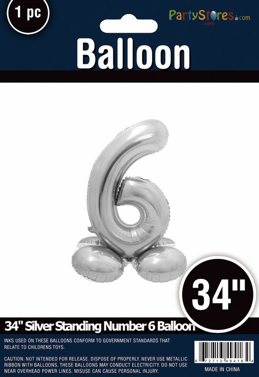 34" Silver Standing Number 6 Balloon Air-Fill ONLY