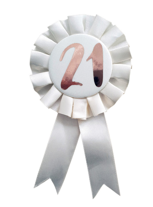 21st Birthday Metallic Rose Gold & Ivory Rosette Party Badge Ribbon B-Day Girl