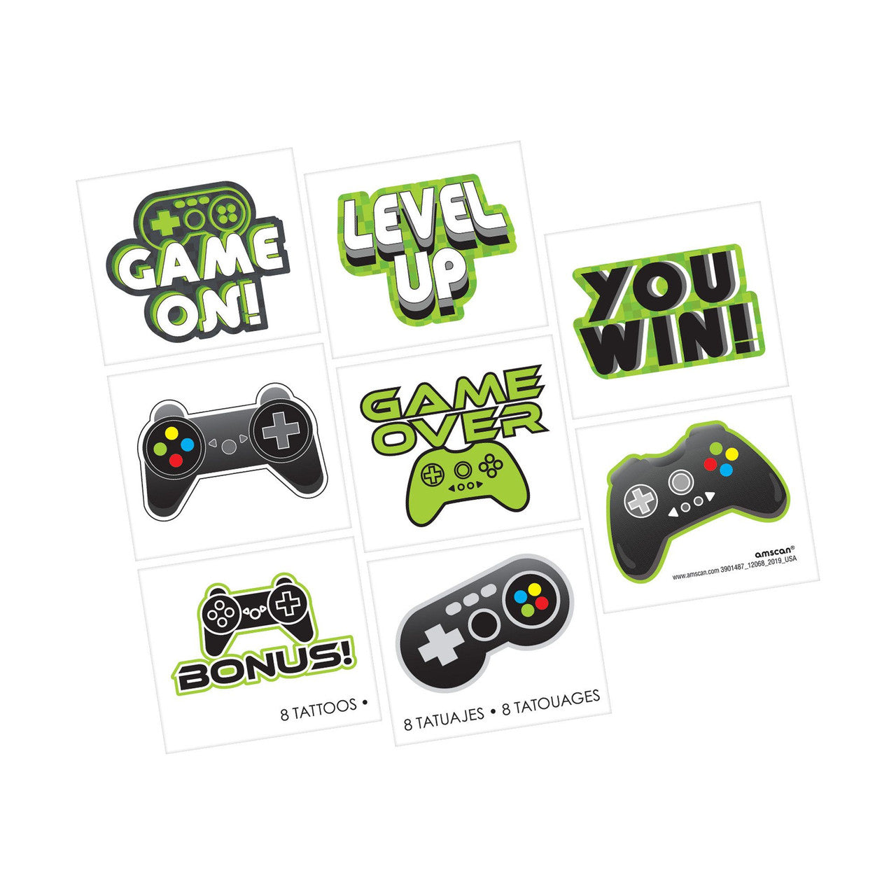 Level Up Gaming Temporary Tattoos Birthday Party Favor Pack of 8