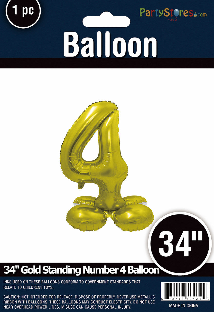 34" Gold Standing Number 4 Balloon Air-Fill ONLY