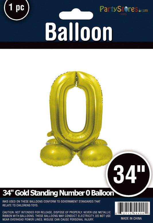 34" Gold Standing Number 0 Balloon Air-Fill ONLY