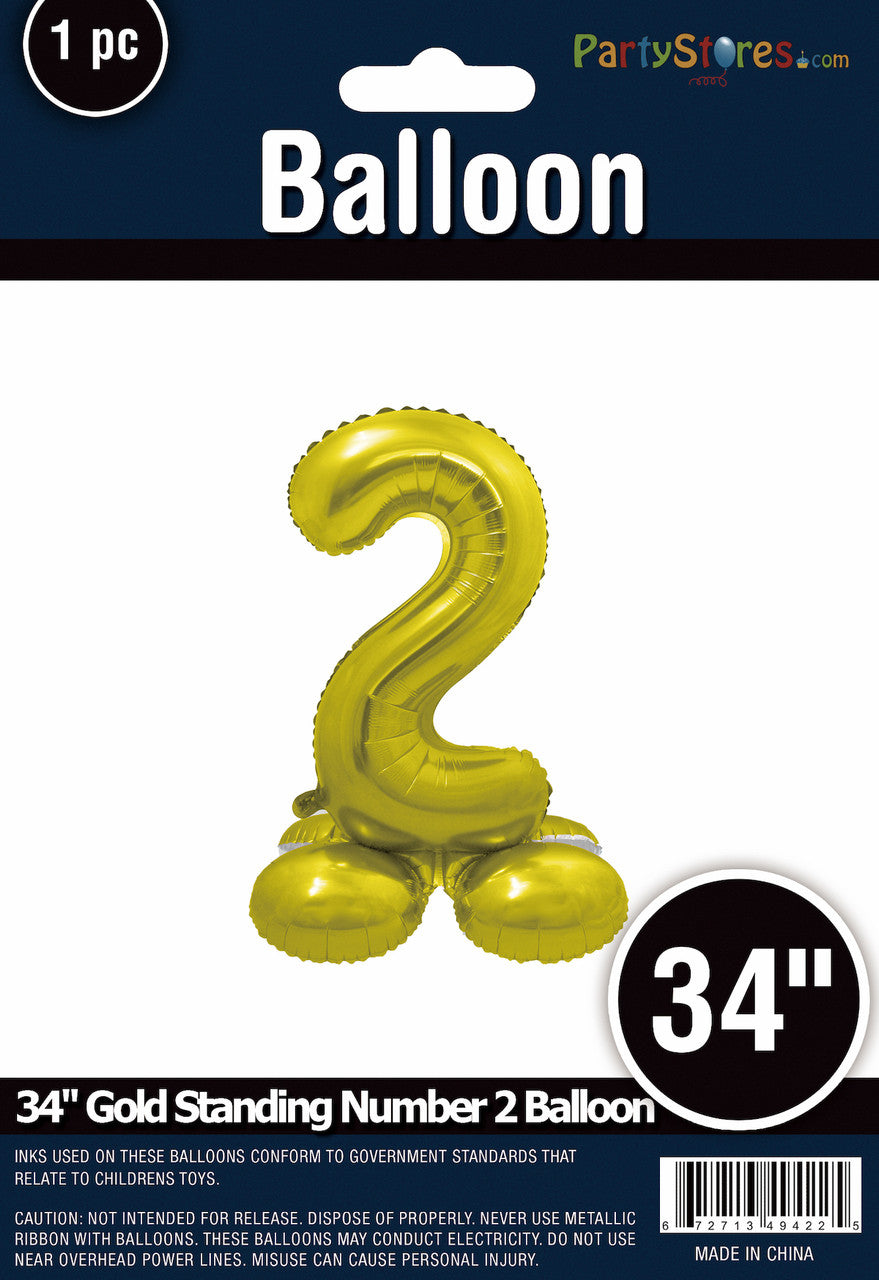 34" Gold Standing Number 2 Balloon Air-Fill ONLY