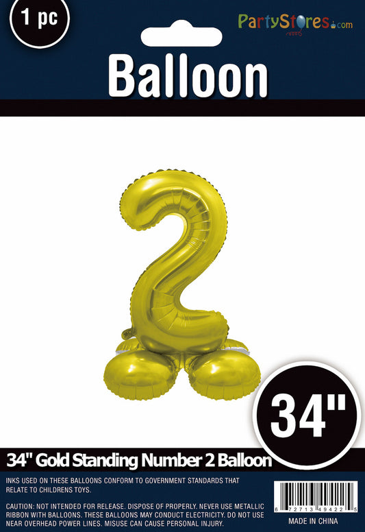 34" Gold Standing Number 2 Balloon Air-Fill ONLY