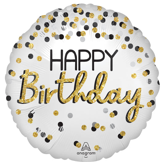 Happy Birthday Black Silver Gold 18" Foil Balloon