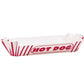 A white paper hot dog tray with red diagonal stripes and the words 'HOT DOG' printed in red on the side, shown on a plain white background.