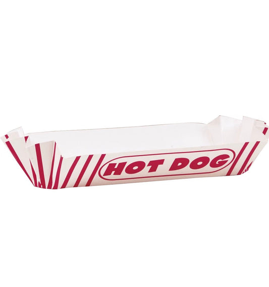 A white paper hot dog tray with red diagonal stripes and the words 'HOT DOG' printed in red on the side, shown on a plain white background.