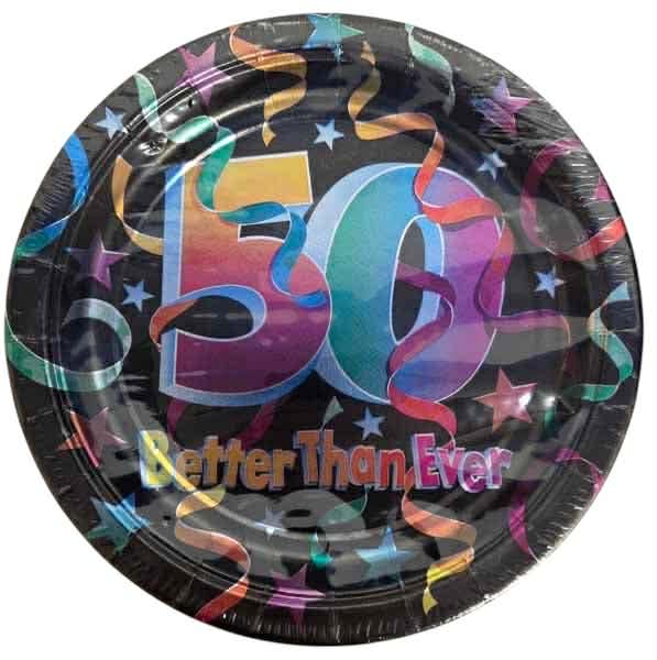 50th Birthday Shiny Plates 7" - Better Than Ever Gold Foil Design (18 Pack)