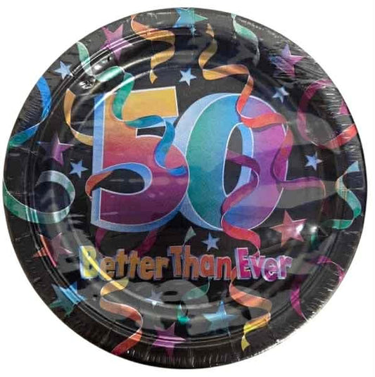 50th Birthday Shiny Plates 7" - Better Than Ever Gold Foil Design (18 Pack)
