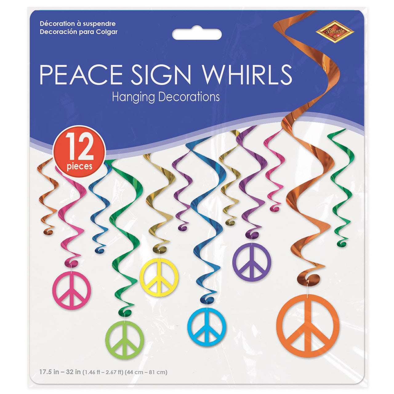 Peace Sign Whirls Hanging Decoration Metallic Hippie 1960's Party Swirl 12 Pack