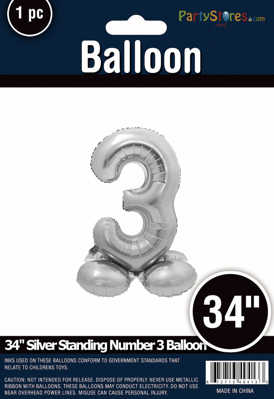 34" Silver Standing Number 3 Balloon Air-Fill ONLY