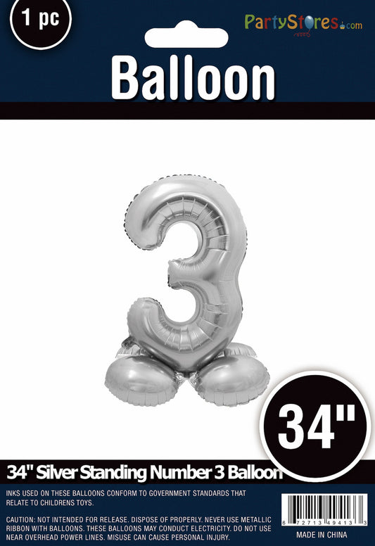 34" Silver Standing Number 3 Balloon Air-Fill ONLY
