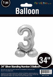 34" Silver Standing Number 3 Balloon Air-Fill ONLY