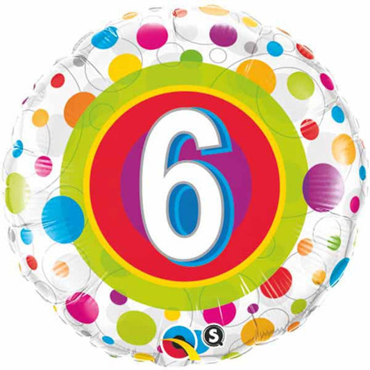 18" Age 6 Colourful Dots Packaged Mylar Number Balloon
