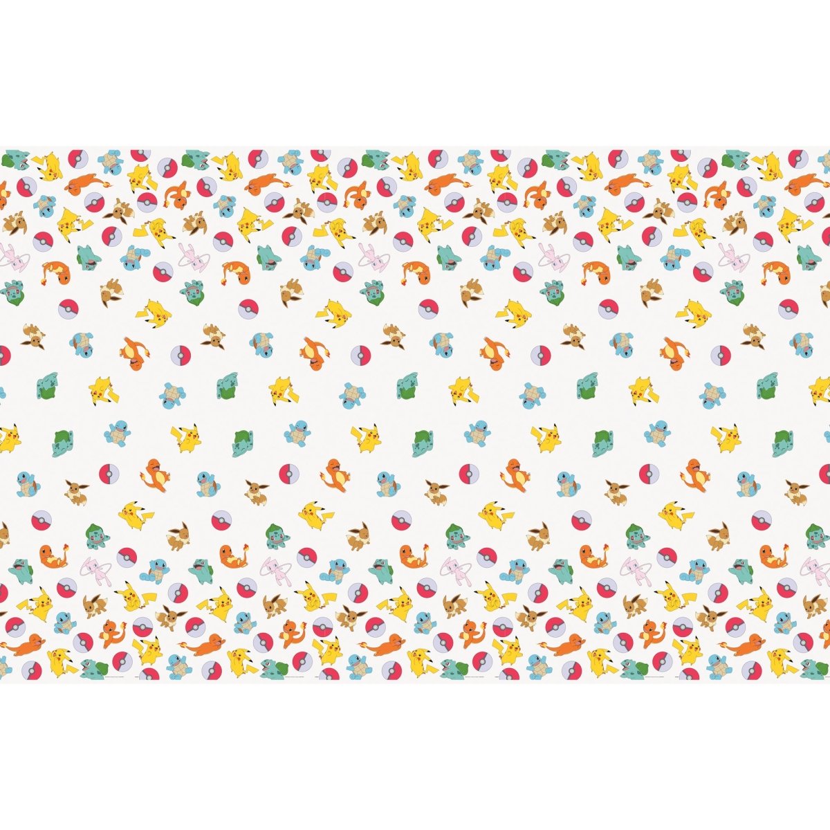 Table covere with Pokemon  cartoon character pattern on a white background