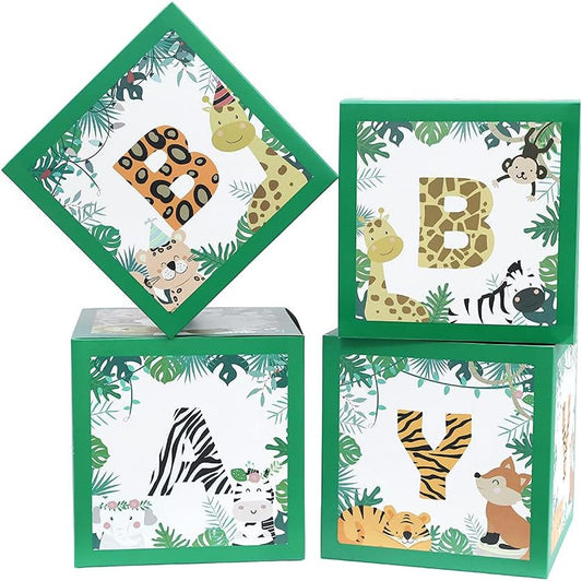 12" Baby Shower Safari Jungle Animal Box Set of 4 Baby Block Boxes