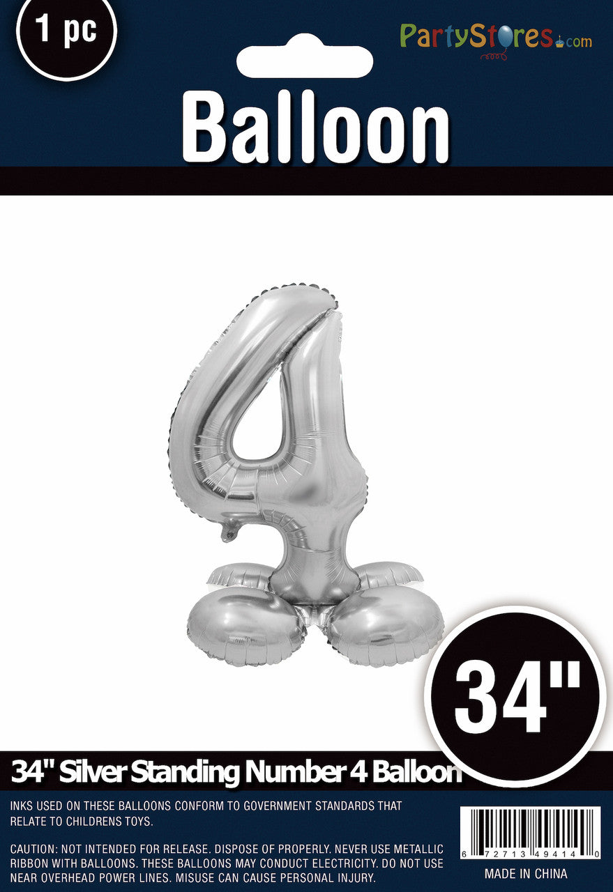 34" Silver Standing Number 4 Balloon Air-Fill ONLY
