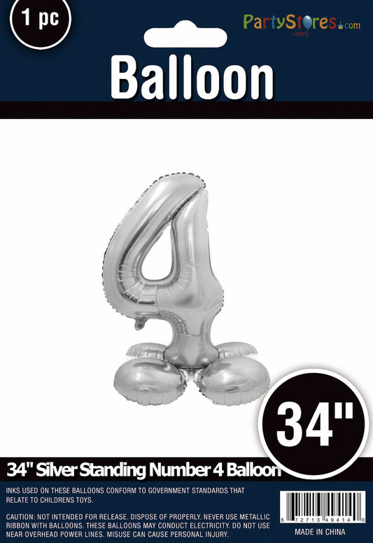 34" Silver Standing Number 4 Balloon Air-Fill ONLY