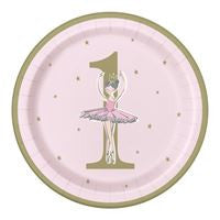 Ballerina Pink & Gold 1st Birthday Round 9 Dinner Plates  8ct"