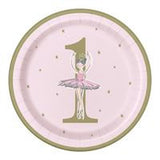 Ballerina Pink & Gold 1st Birthday Round 9 Dinner Plates  8ct"