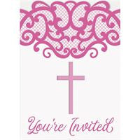 Fancy Pink Cross Invitations  8ct