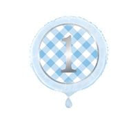 Blue Gingham 1st Birthday Round Foil Balloon 18  Packaged"