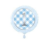 Blue Gingham 1st Birthday Round Foil Balloon 18  Packaged"