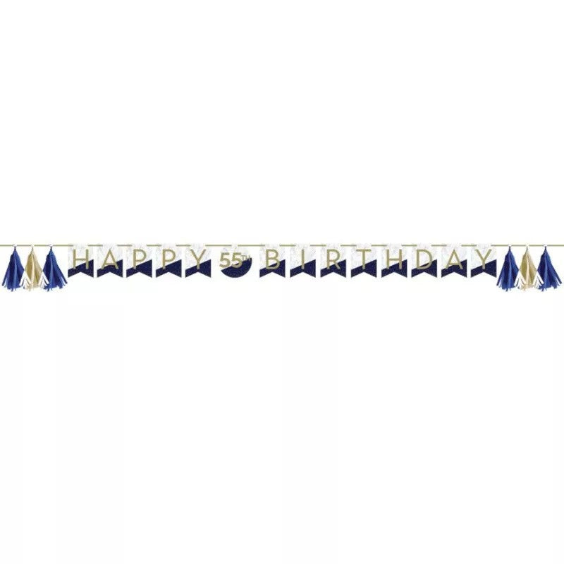 Navy & Gold Milestone Birthday Banner w/Tassels & Age Number Stickers 6" x 8.5'