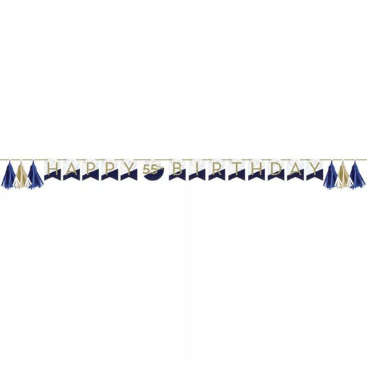Navy & Gold Milestone Birthday Banner w/Tassels & Age Number Stickers 6" x 8.5'