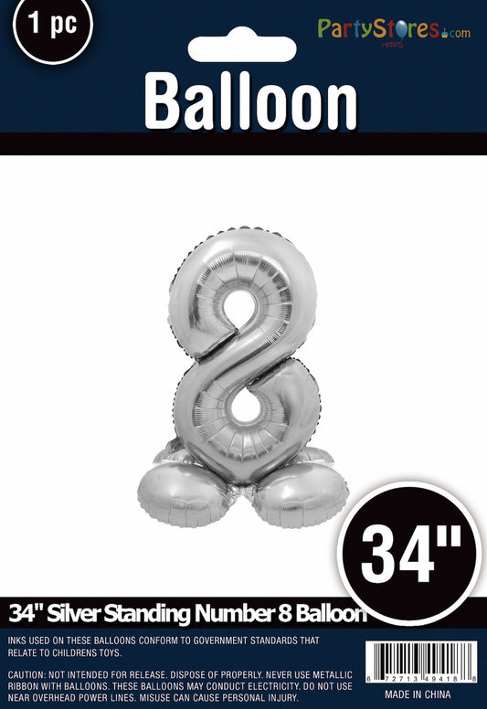 34" Silver Standing Number 8 Balloon Air-Fill ONLY