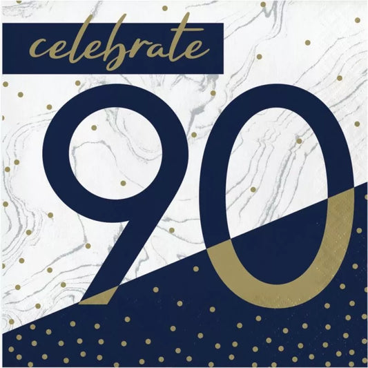Navy & Gold Milestone 90th Birthday Lunch Napkins Paper 6.5" x 6.5" 16/CT